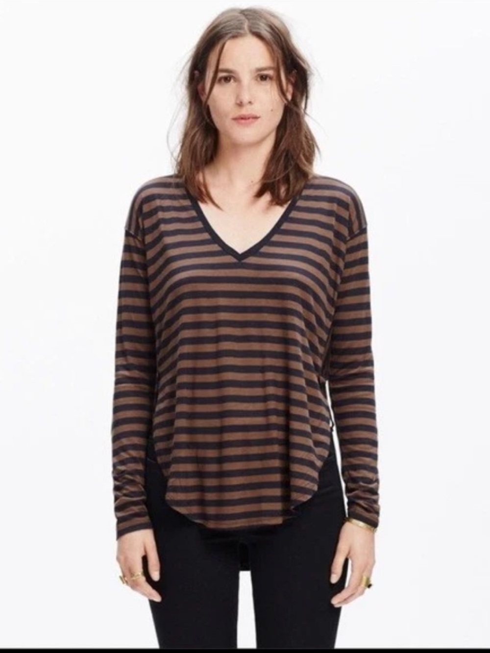 Madewell Women’s Black Brown Stripe Anthem Long-Sleeve V-Neck Tee Size M